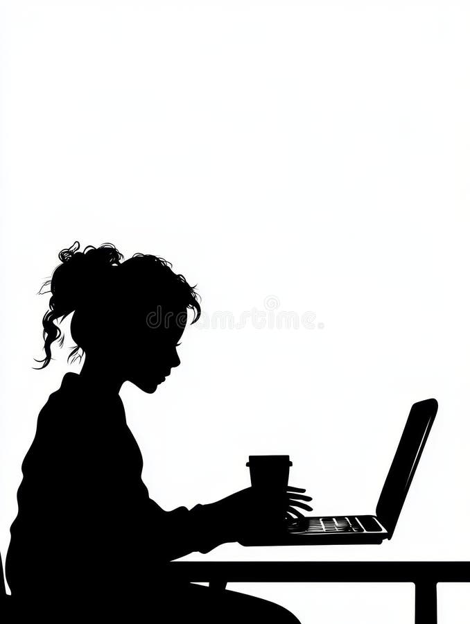 Silhouette de una joven que trabaja en una laptop con una taza de café en un espacio de trabajo minimalista imagenes de archivo
