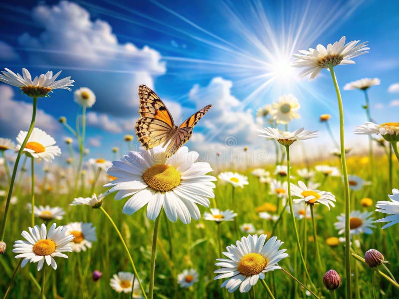 Silhouette de verano panorámica de campo de Chamomile con cielo azul mariposa y luz de la hora de oro libre illustration
