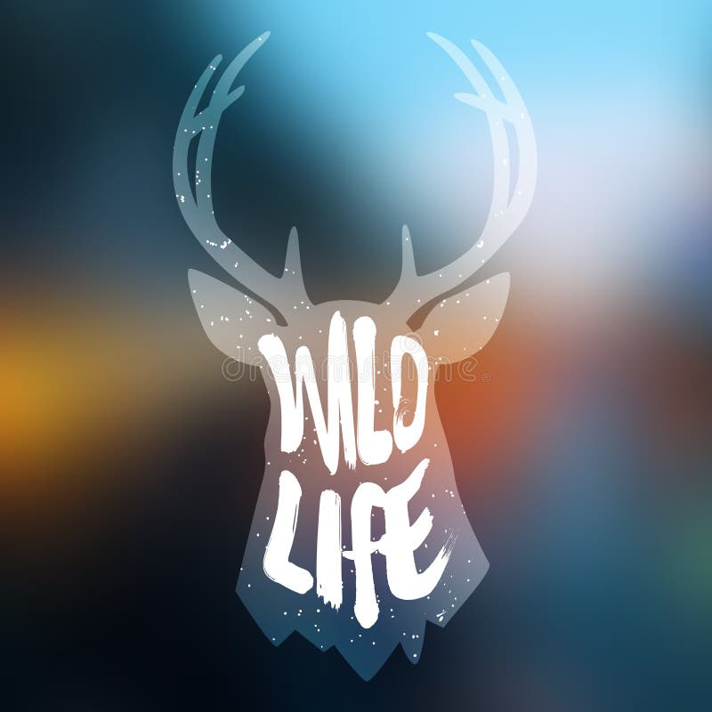Silhouette of Deer Head with Text Wild Life on Blur Background. Vector