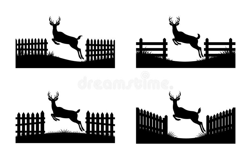 Silhouette of Deer Jumping Over Fences in Four Variations vector illustration