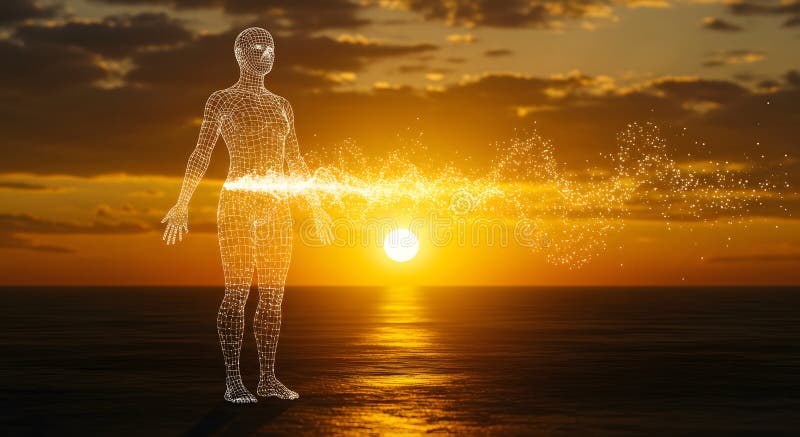 Silhouette del corpo umano di Wireframe con flusso di energia illustrazione di stock