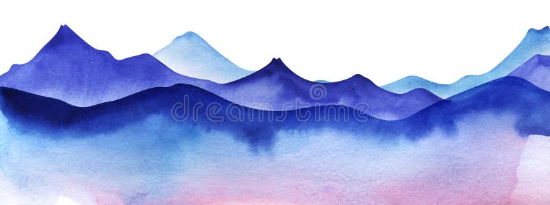 Silhouette of watercolor mountains. Colored Light and bright blue mountain ranges. Decorative element page design. Gradient from dark to pale Mountain border. Hand drawn illustration on texture paper. Silhouette of watercolor mountains. Colored Light and bright blue mountain ranges. Decorative element page design. Gradient from dark to pale Mountain border. Hand drawn illustration on texture paper