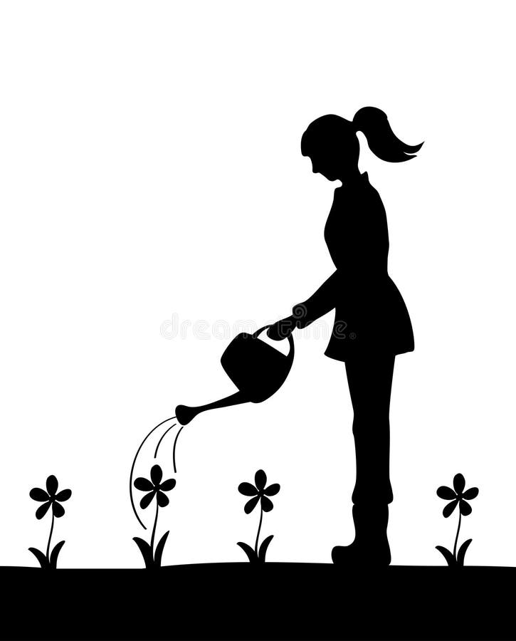 Silhouette des fleurs de arrosage d'une fille illustration stock Silhouette des fleurs de arrosage d'une fille illustration stock