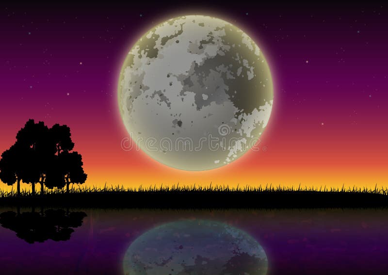 Silhouette des forêts et des lacs avec le fond de pleine lune illustration stock Silhouette des forêts et des lacs avec le fond de pleine lune illustration stock