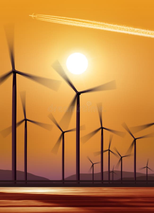 Silhouette des turbines de vent photos libres de droits Silhouette des turbines de vent photos libres de droits
