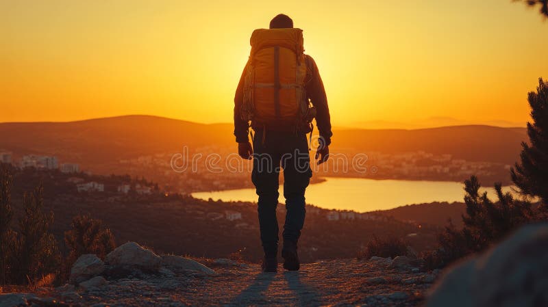 Silhouette di avventuriero sulle montagne, testimone di un alba d'oro mozzafiato sul lago illustrazione vettoriale