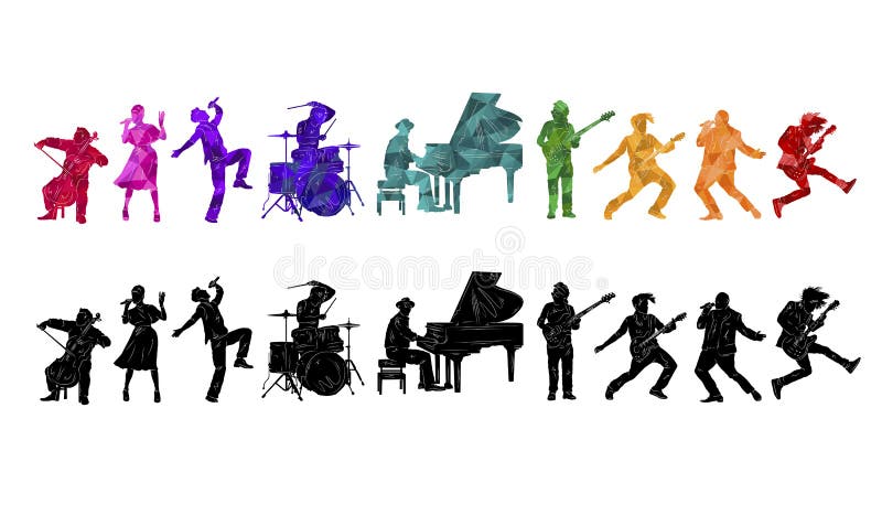 Silhouette di musicisti. gruppo di persone con illustrazione musicale. sfondo del vettore jazz rocknroll royalty illustrazione gratis