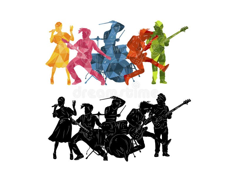 Silhouette di musicisti. gruppo di persone con illustrazione musicale. sfondo del vettore jazz rocknroll illustrazione di stock