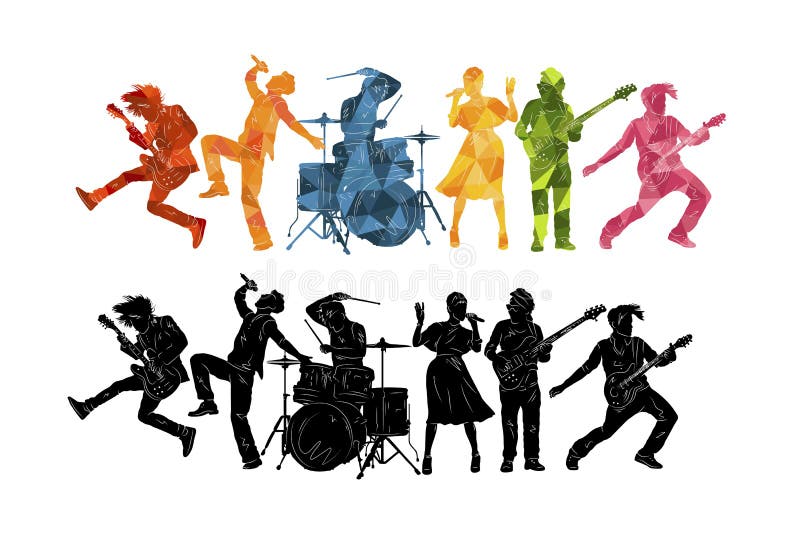 Silhouette di musicisti. gruppo di persone con illustrazione musicale. sfondo del vettore jazz rocknroll illustrazione di stock