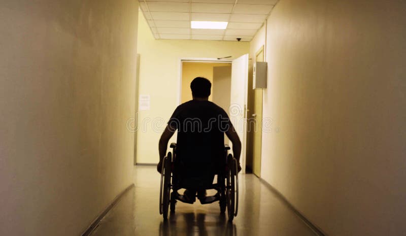 Silhouette of disabled man in a wheelchair in the rehabilitation center