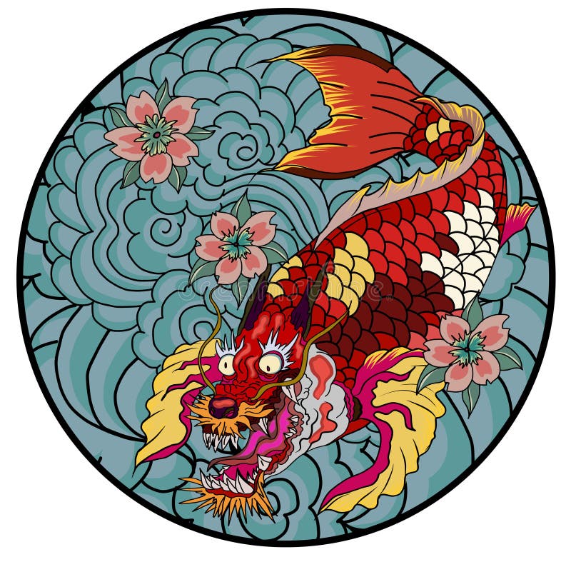 Dragon head and koi carp fish in circle design for tattoo