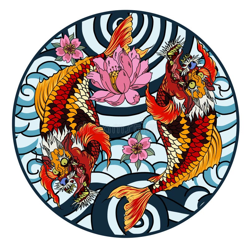 Dragon head and koi carp fish in circle design for tattoo