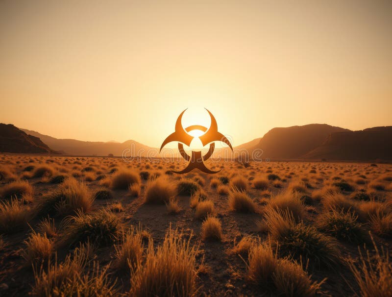 Silhouette du symbole de biodanger noir dans la zone de danger des prairies désertiques paysage L'IA générée illustration stock