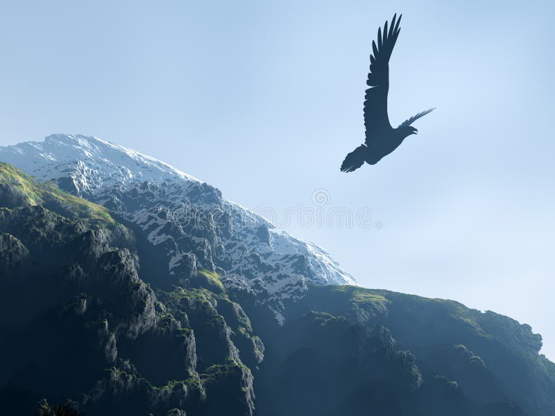 Silhouette of an eagle soaring above mountains