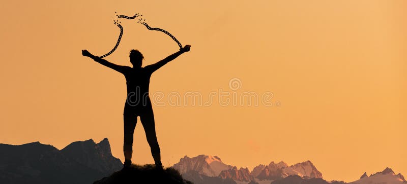 Silhouette of a woman with broken chains on a mountain summit. Silhouette of a woman with broken chains on a mountain summit