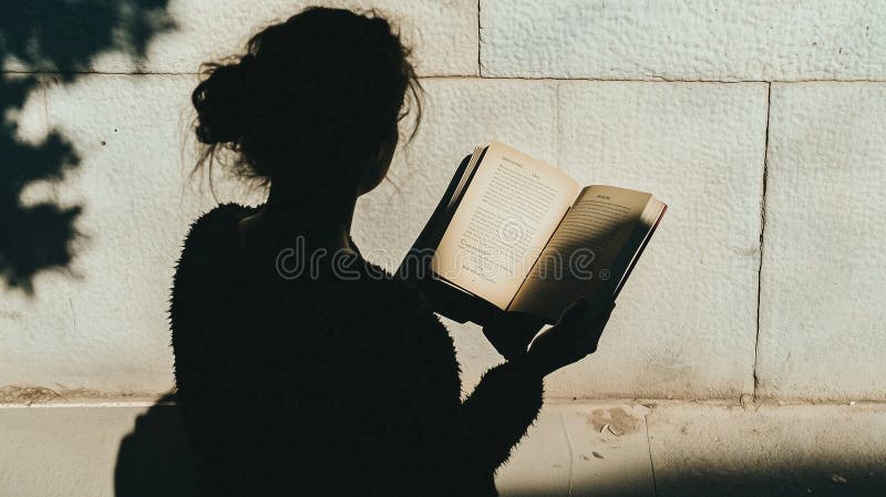 AI generierte Silhouette einer Person, die ein Buch gegen eine texturierte Steinwand liest. Die Person sitzt und hält ein offenes Buch unter Sonnenlicht und schafft einen klaren Schatten an der Wand. Die Bücherseiten sind sichtbar und fangen das Licht ein, um Text zu zeigen. Schatten aus nahem Blattwerk tragen zur Gesamtkomposition bei und schaffen eine ruhige und kontemplative Szene. Die Beleuchtung betont den Kontrast zwischen der schattigen Figur und dem beleuchteten Hintergrund.