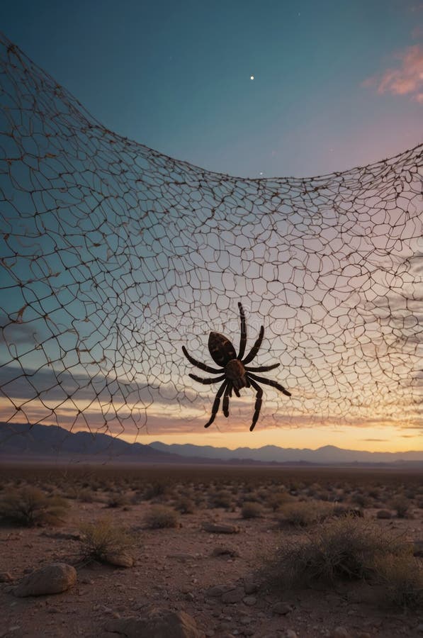 Silhouette einer Tarantula Spider gefangen in einem Angelnetz bei Sonnenuntergang in der Wüste lizenzfreie abbildung