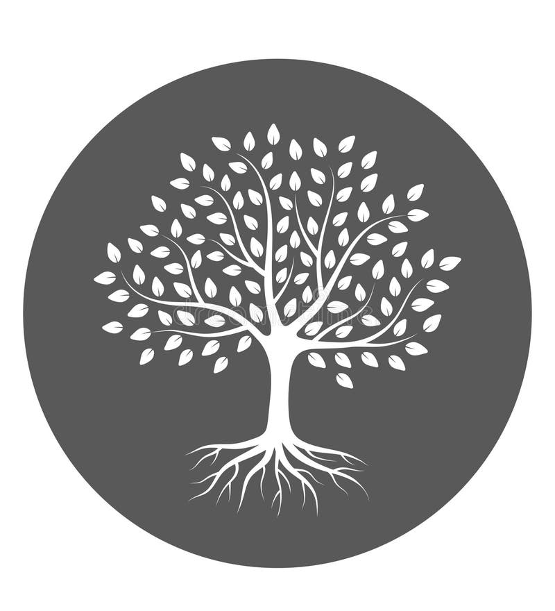 Silhouette eines Baumes mit Wurzeln und Blättern im Kreis Vector Illustrationslogo stock abbildung