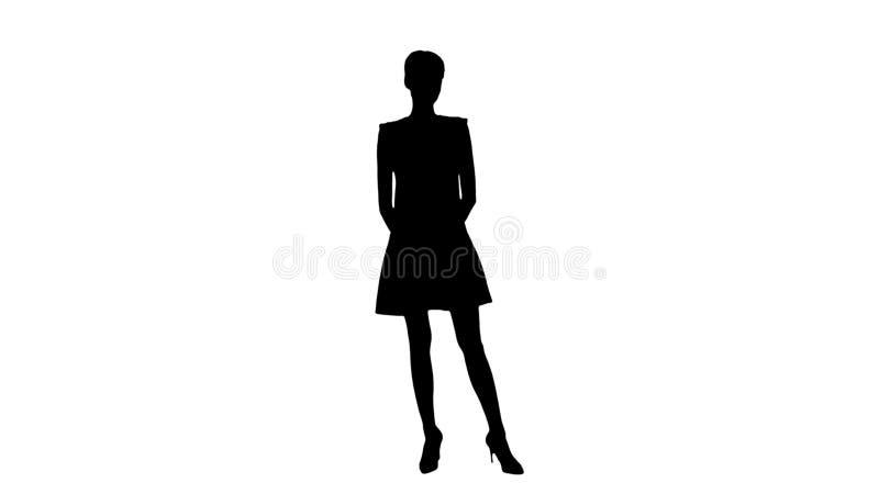 Silhouette elegante joven mujer está de acuerdo con alguien y sonriendo a la cámara. almacen de video