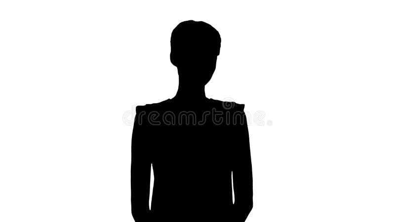 Silhouette elegante joven mujer está de acuerdo con alguien y sonriendo a la cámara. almacen de video