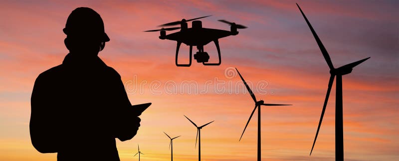 Silhouette of engineer with tablet computer, drone and wind turbines royalty free stock photos