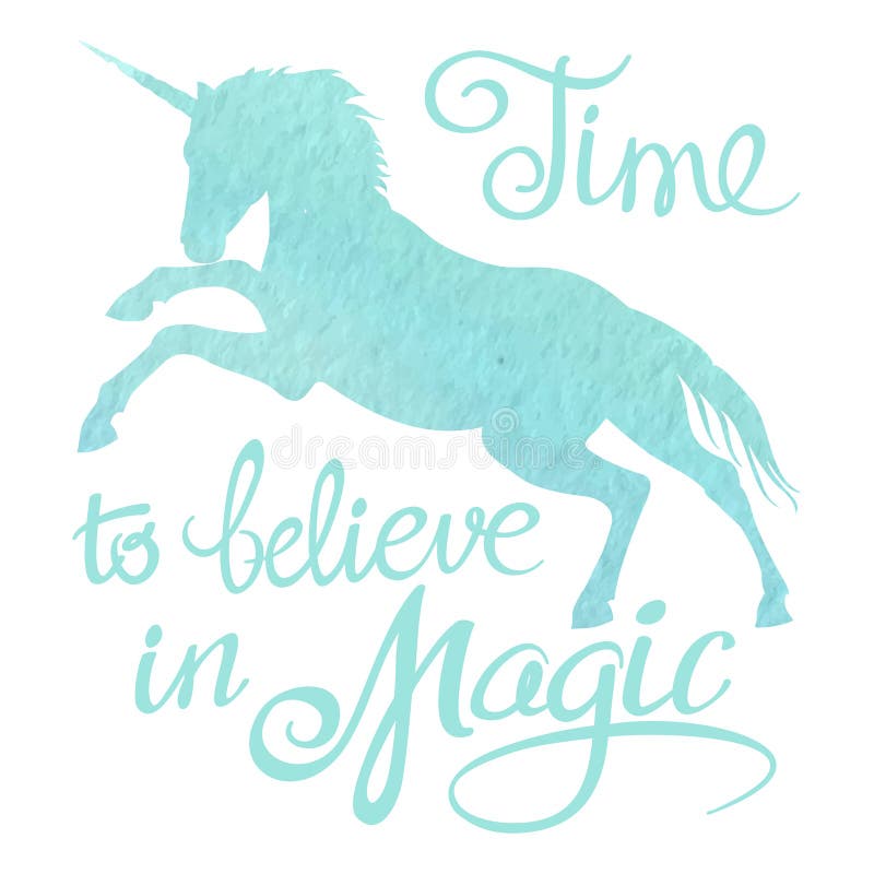 Silhouette et lettrage de licorne d'aquarelle de turquoise illustration stock Silhouette et lettrage de licorne d'aquarelle de turquoise illustration stock
