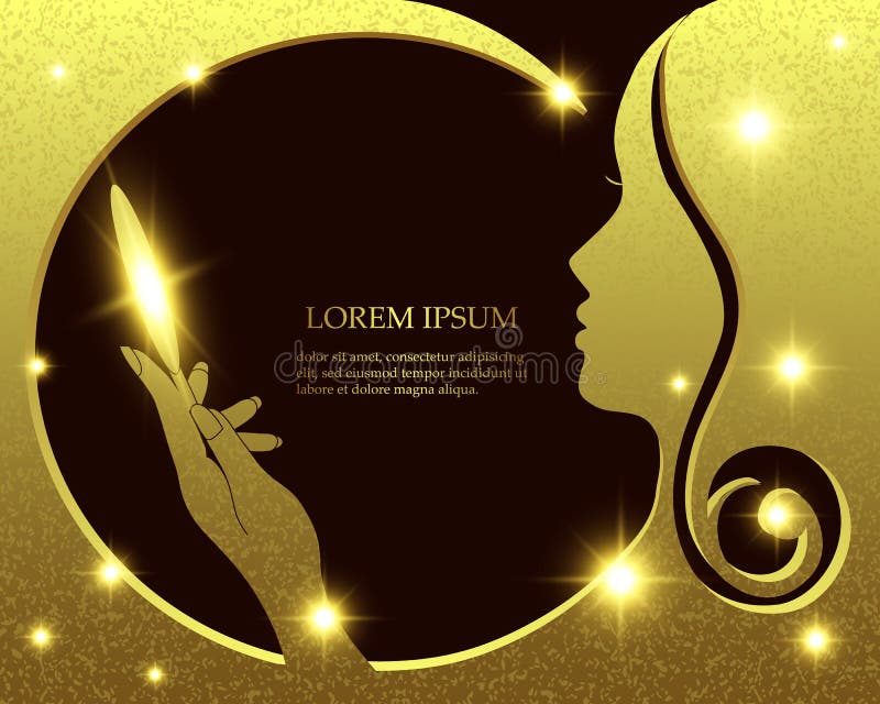 Silhouette the face of a beautiful girl, golden background for your design, vector illustration.