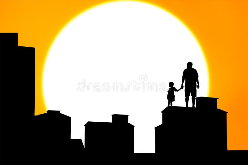 Silhouette of father and son standing on the building