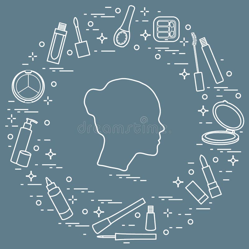 Silhouette of female head and various accessories for the application of decorative cosmetics. Glamour fashion vogue style royalty free illustration Silhouette of female head and various accessories for the application of decorative cosmetics. Glamour fashion vogue style royalty free illustration
