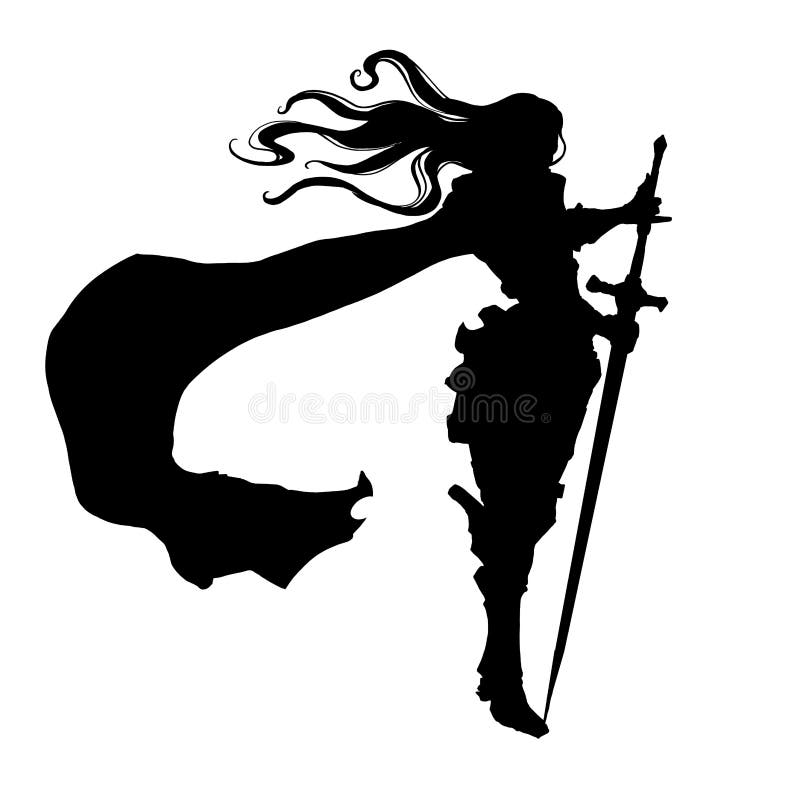 Silhouette of a female knight with long hair and cloak, standing proudly in the wind leaning on a long sword. 2D illustration