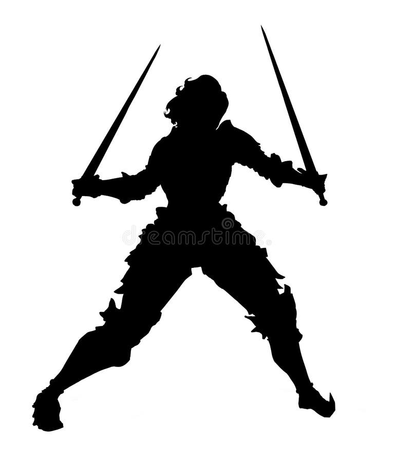 Silhouette of a Female knight with two swords standing in a combat stance . 2D illustration