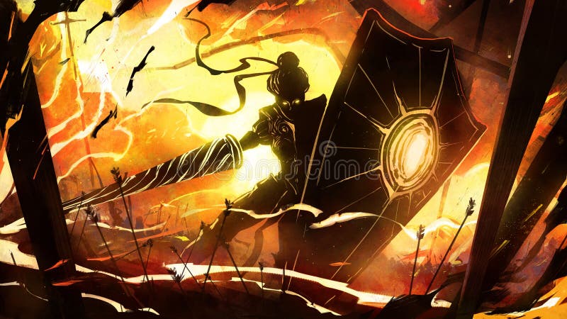 A silhouette of a female warrior with a huge shield and a flanged knight`s armor, she stands in an epic pose in the middle of the battle against the background of a bright yellow zak, her eyes glowing