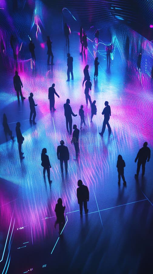 Silhouette Figuren, die mit Klanggrafiken und Datenübertragungslinien im futuristischen Unternehmensumfeld interagieren. lizenzfreie abbildung