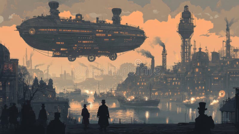 Silhouette Figures beobachten Luftschiff über Steampunk City bei Sunset stock abbildung