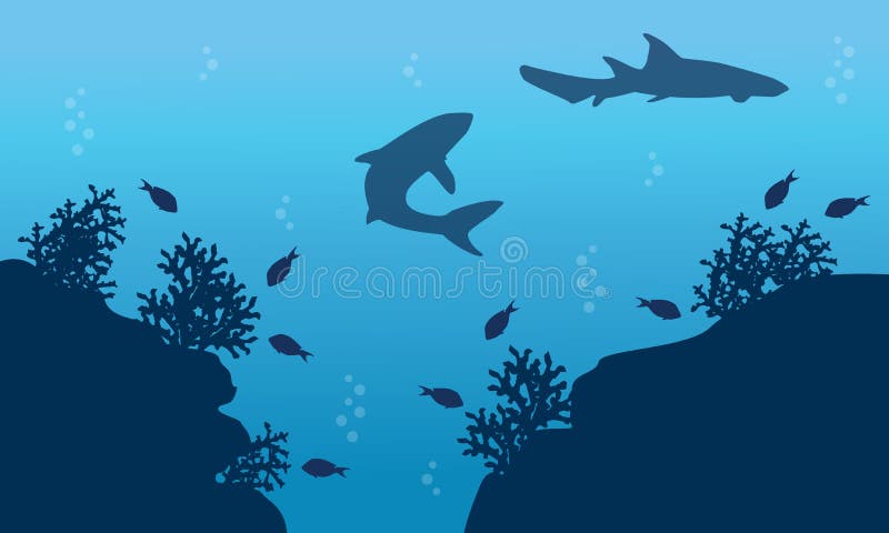 Silhouette of Fish and Shark Underwater Landscape Stock Vector