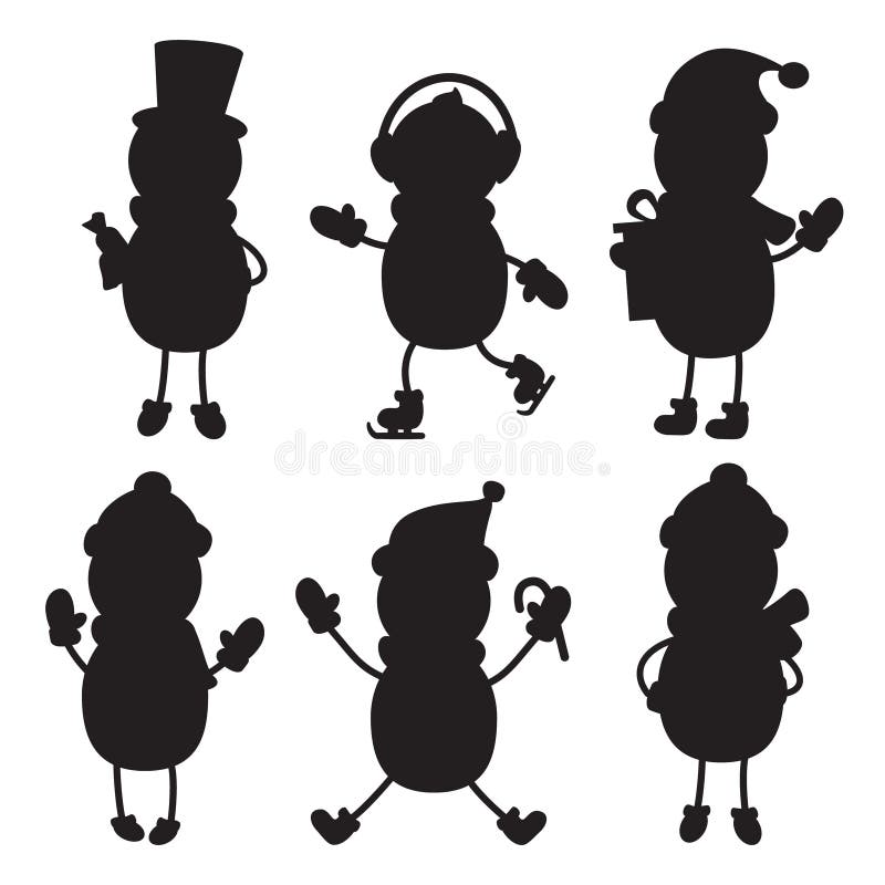 Silhouette flat icon, simple vector design. Set of cartoon snowmen in hat, scarf, gloves, skates. Illustration for winter royalty free illustration Silhouette flat icon, simple vector design. Set of cartoon snowmen in hat, scarf, gloves, skates. Illustration for winter royalty free illustration
