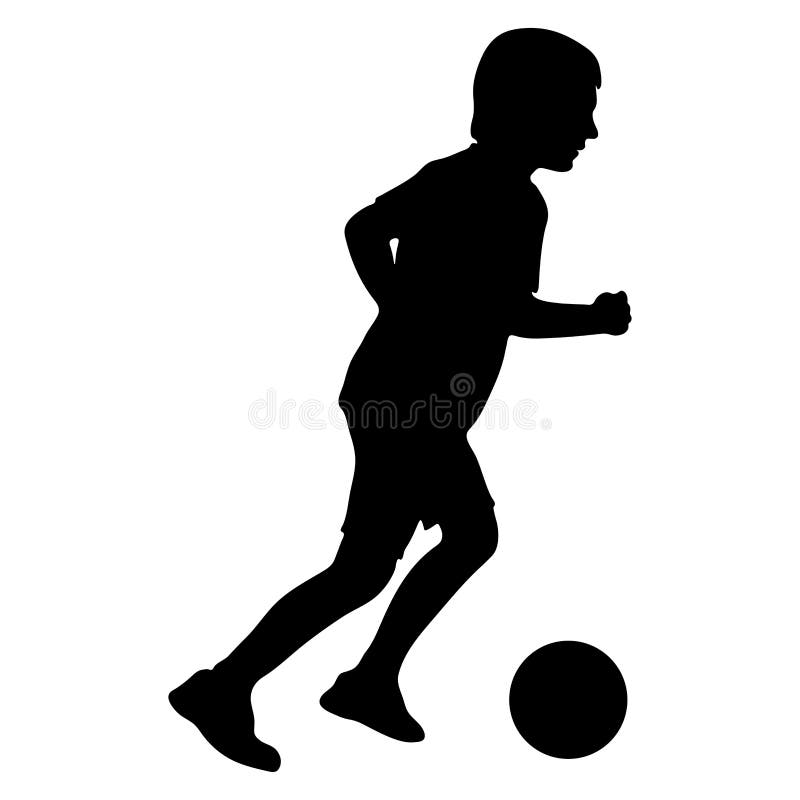 Silhouette of football player boy kicking ball, children game of soccer. Vector illustration stock illustration Silhouette of football player boy kicking ball, children game of soccer. Vector illustration stock illustration