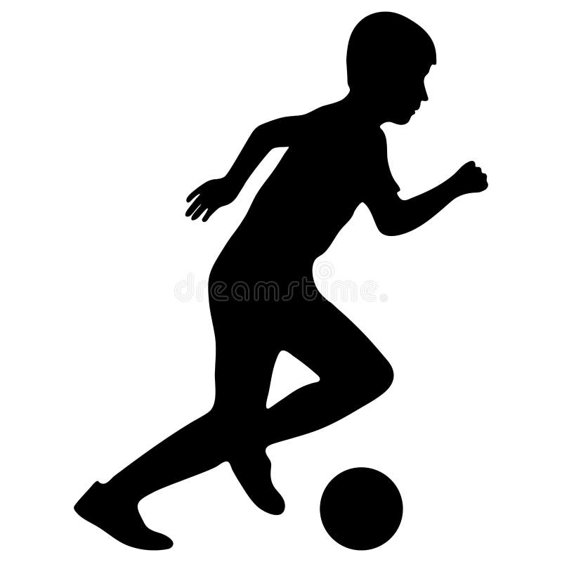 Silhouette of football player boy kicking ball, children game of soccer. Vector illustration stock illustration Silhouette of football player boy kicking ball, children game of soccer. Vector illustration stock illustration