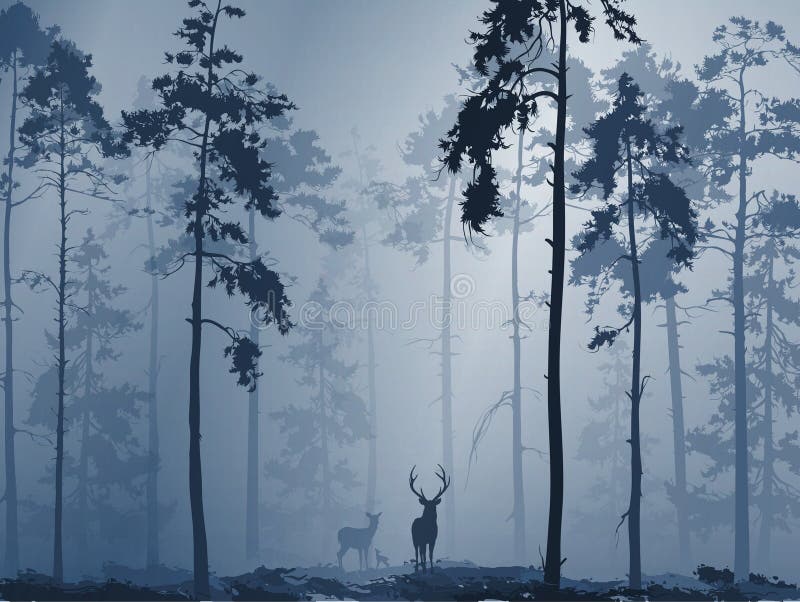 Silhouette of a forest with a family of deer