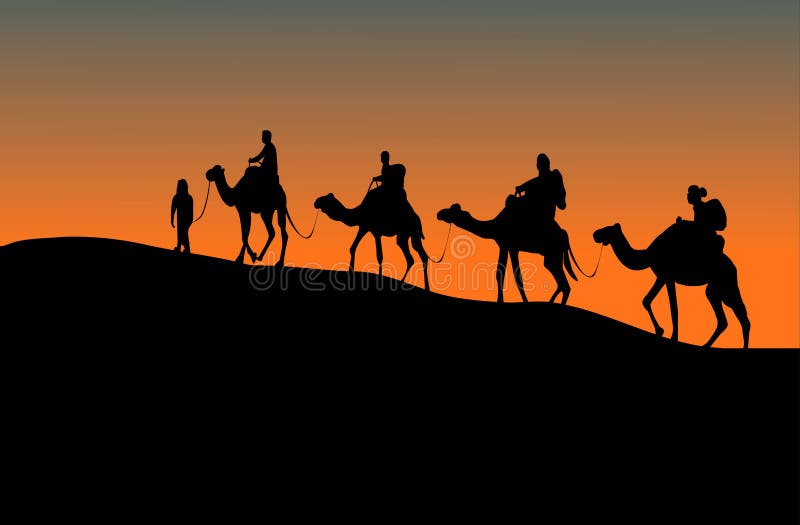 Silhouette of four camel riders. Up hill with sunset background vector illustration Silhouette of four camel riders. Up hill with sunset background vector illustration