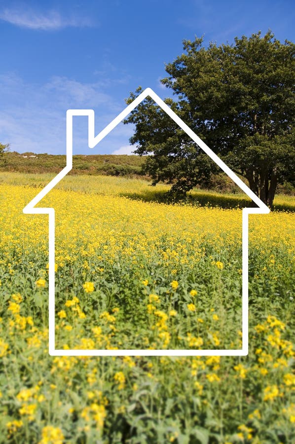 Silhouette frame of a house, countryside landscape in the background