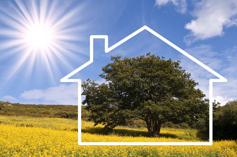 Silhouette frame of a house, countryside landscape in the background