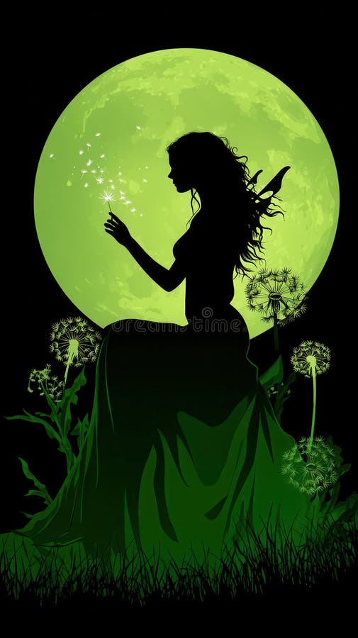 Silhouette från en älv i måndagsljus som berör en dandelion med frön omgivna av dandelioner och gräs på en mörk natt vektor illustrationer