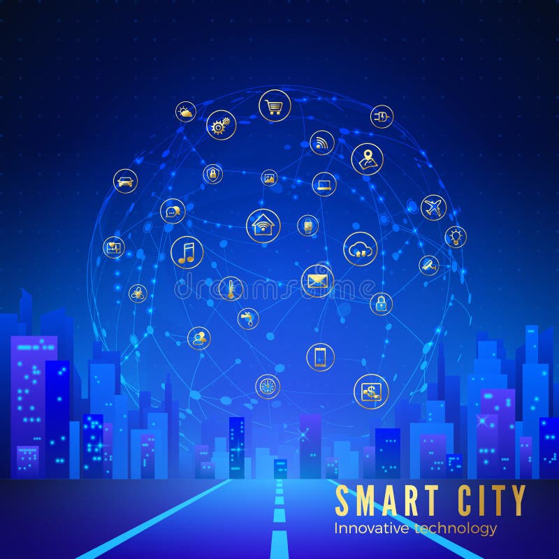 Silhouette of futuristic city on background of large cloud with smart city icons. Internet of things concept. Vector illustration royalty free illustration