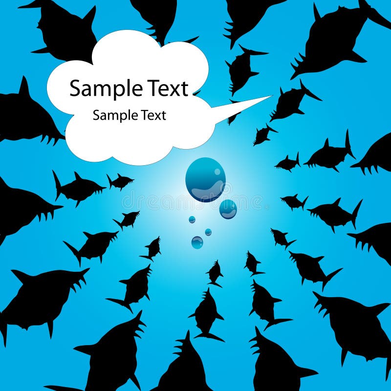 Silhouette Flight of sharks round object. Attack, aggression background with text cloud area. Silhouette Flight of sharks round object. Attack, aggression background with text cloud area