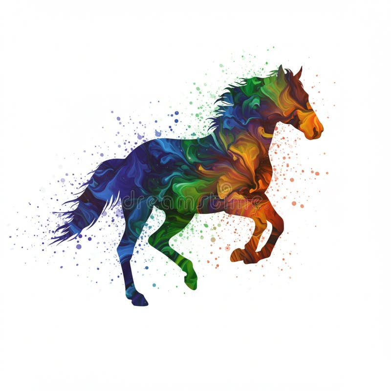 Silhouette of a galloping horse filled with vibrant, swirling colors in shades of blue royalty free illustration