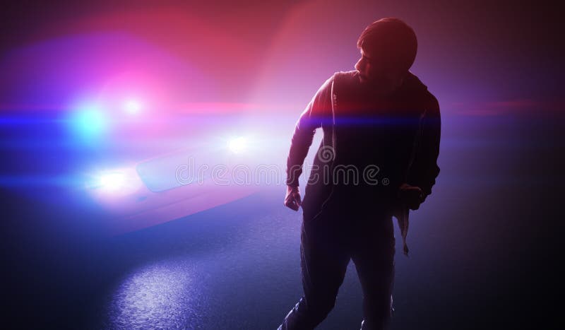 Silhouette of young man - thief escaping from police car at night. Silhouette of young man - thief escaping from police car at night