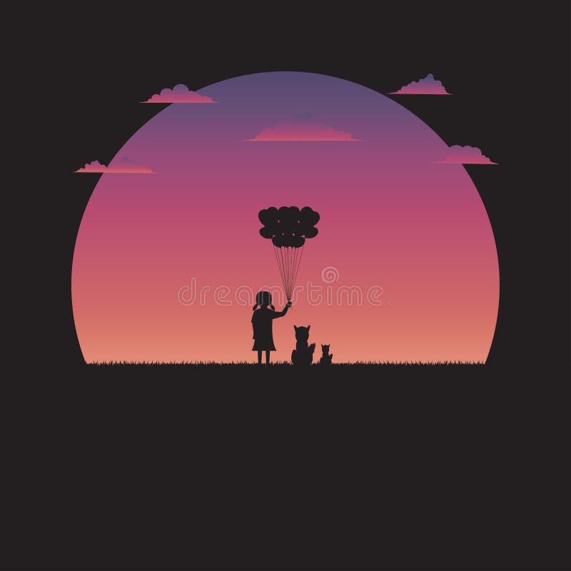 Silhouette a girl holding balloon heart shape and dog standing on the meadow