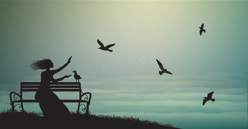 Silhouette of girl sitting on the bench near the sea with sun-rise and feed the sea gulls, shadows, memories