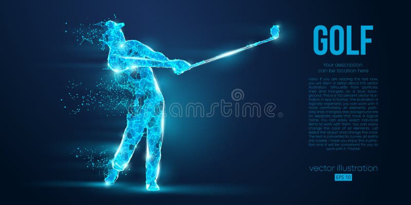 Silhouette of a golf player, golfer from particles on blue background. Low poly neon wire outline geometric. Vector vector illustration
